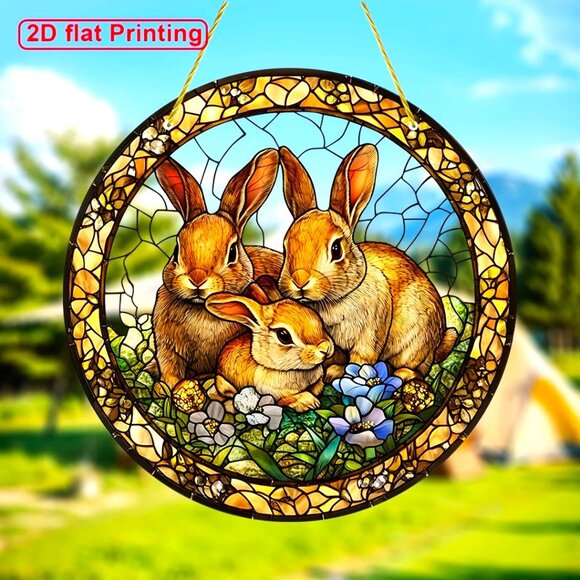 Suncatcher Bunny Rabbits Flowers Hanging Window Decor Colorful In/Outdoor Spring - Picture 2 of 4